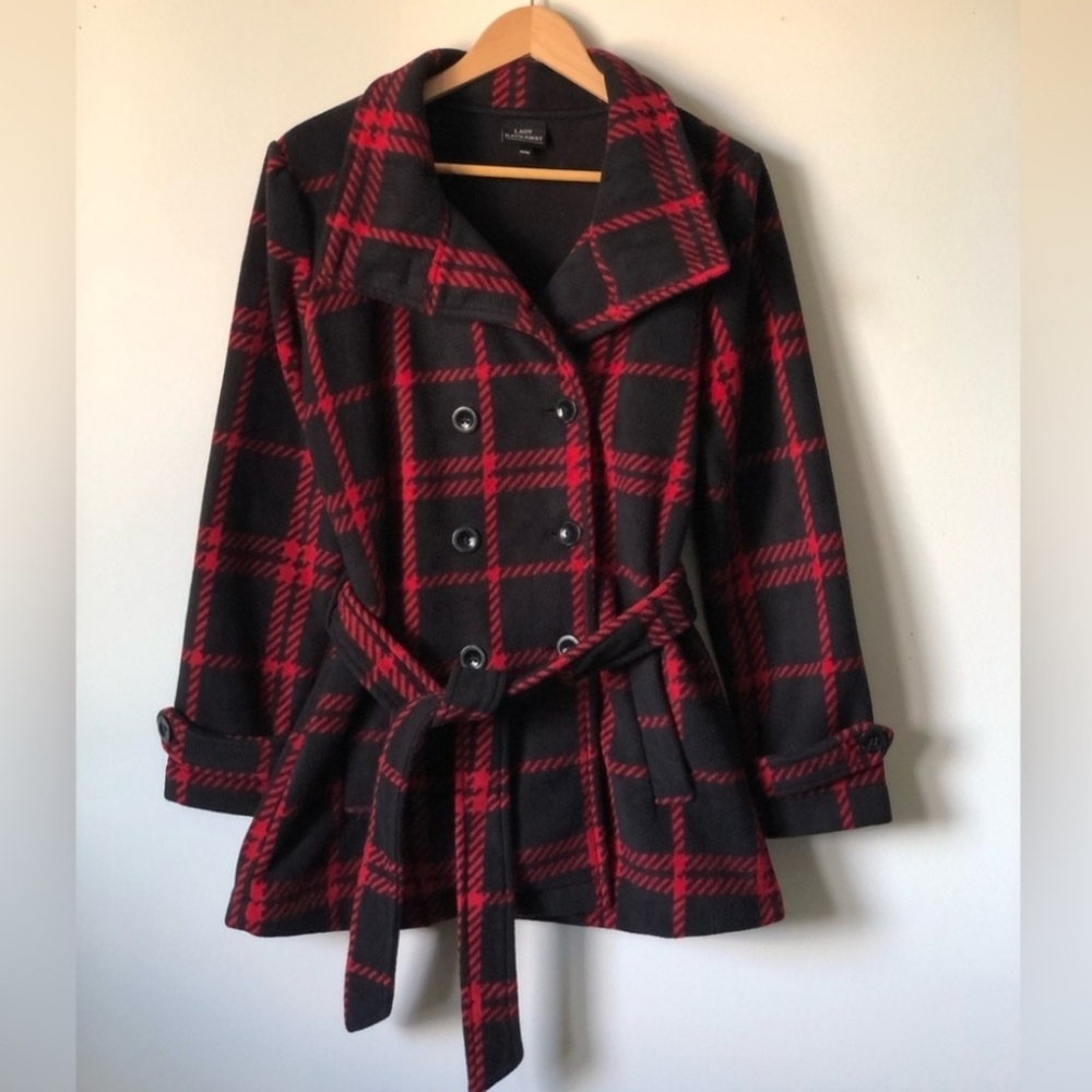 Lady Hathaway Red and Black Plaid Fleece Peacoat Medium
